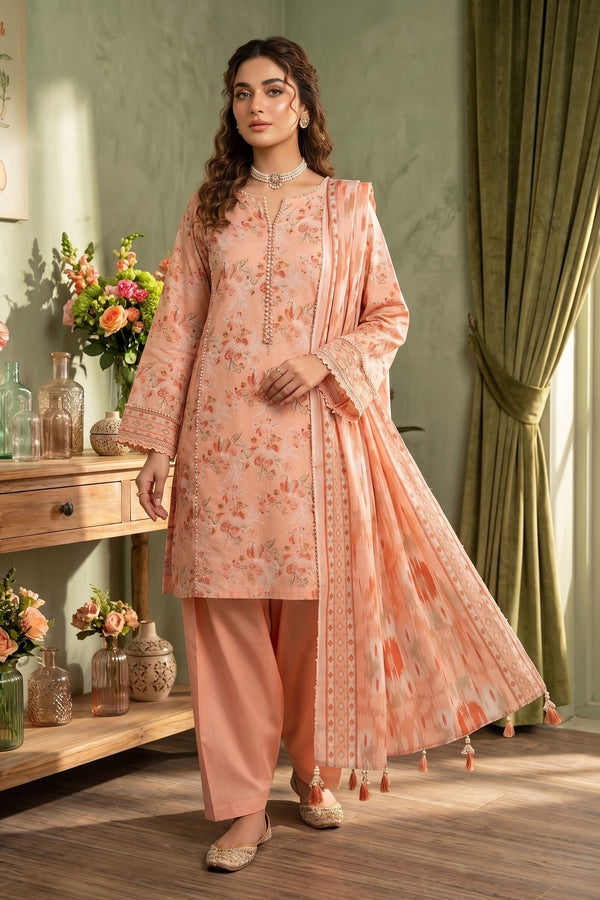 Peach 3 Piece Unstitched Premium Printed Lawn - SAFANOOR