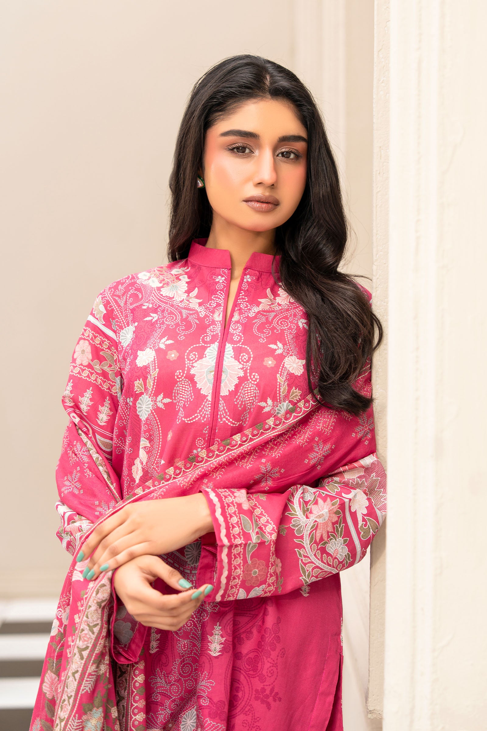 Pink 3 Piece Unstitched Premium Printed Lawn