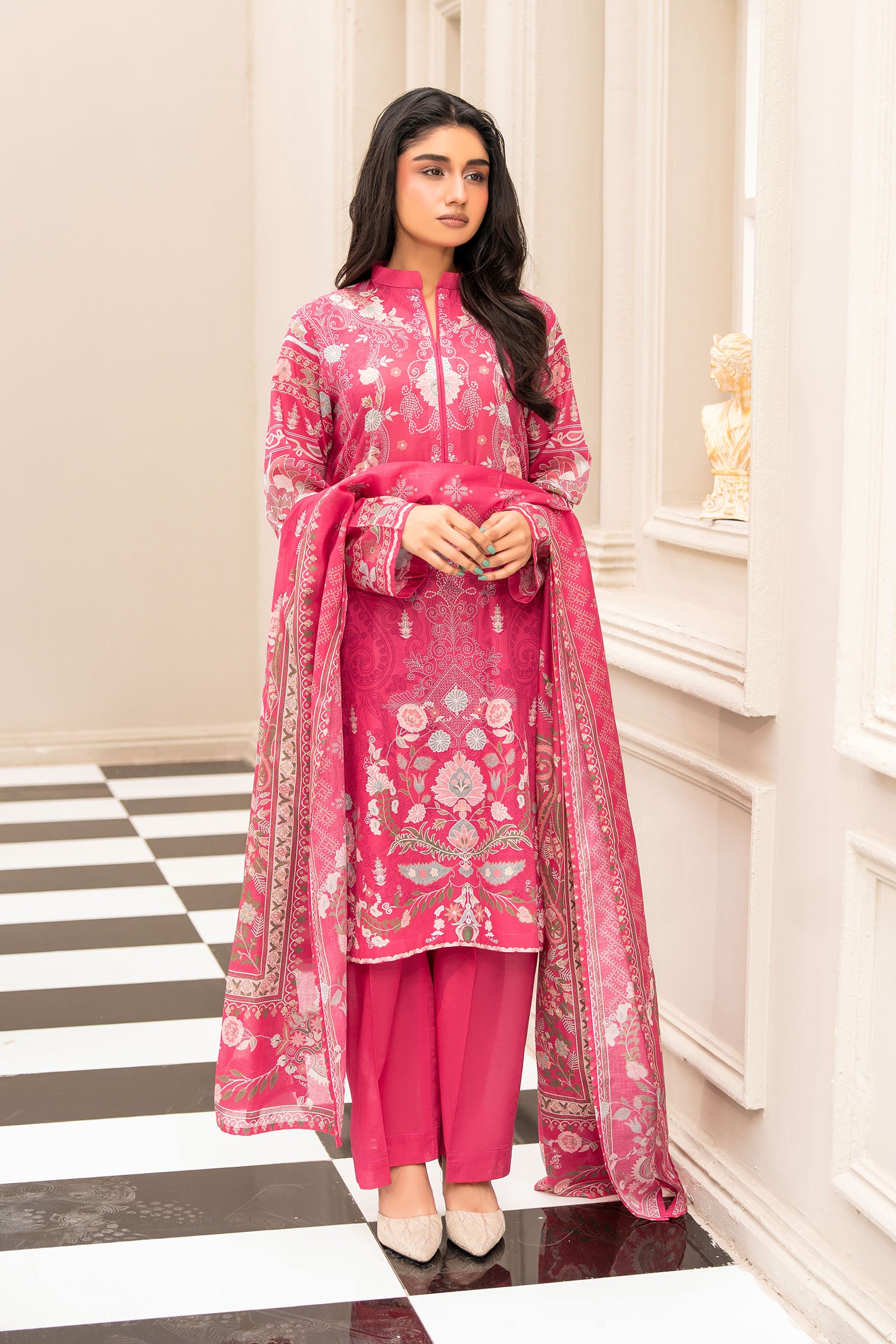 Pink 3 Piece Unstitched Premium Printed Lawn