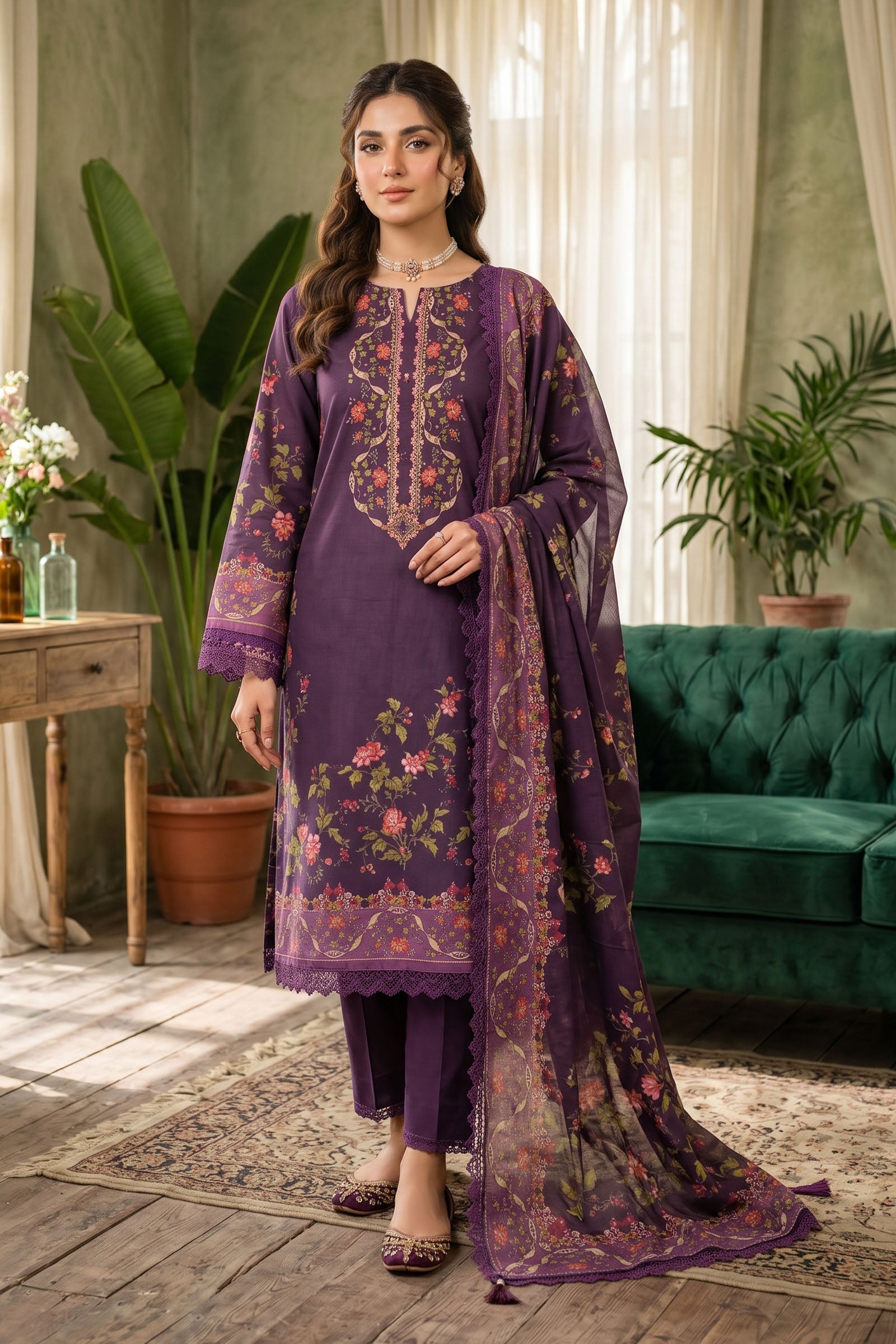 Plum Purple 3 Piece Unstitched Premium Printed Lawn - SAFANOOR