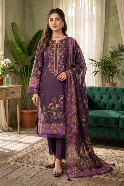 Plum Purple 3 Piece Unstitched Premium Printed Lawn - SAFANOOR