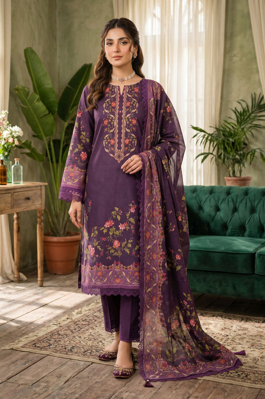 Plum Purple 3 Piece Unstitched Premium Printed Lawn - SAFANOOR
