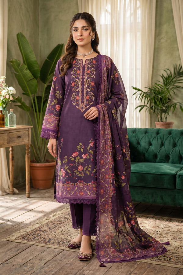 Plum Purple 3 Piece Unstitched Premium Printed Lawn - SAFANOOR