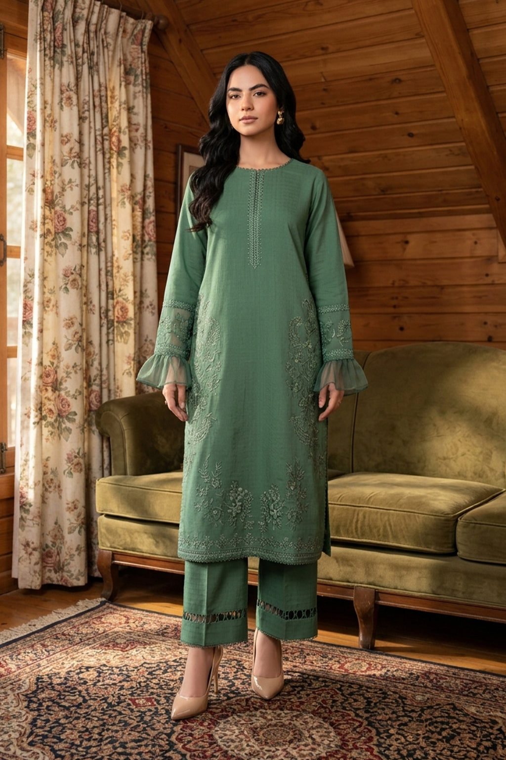 Poweder Green 2 Piece Unstitched Dyed Embroidered Lawn - Safanoor