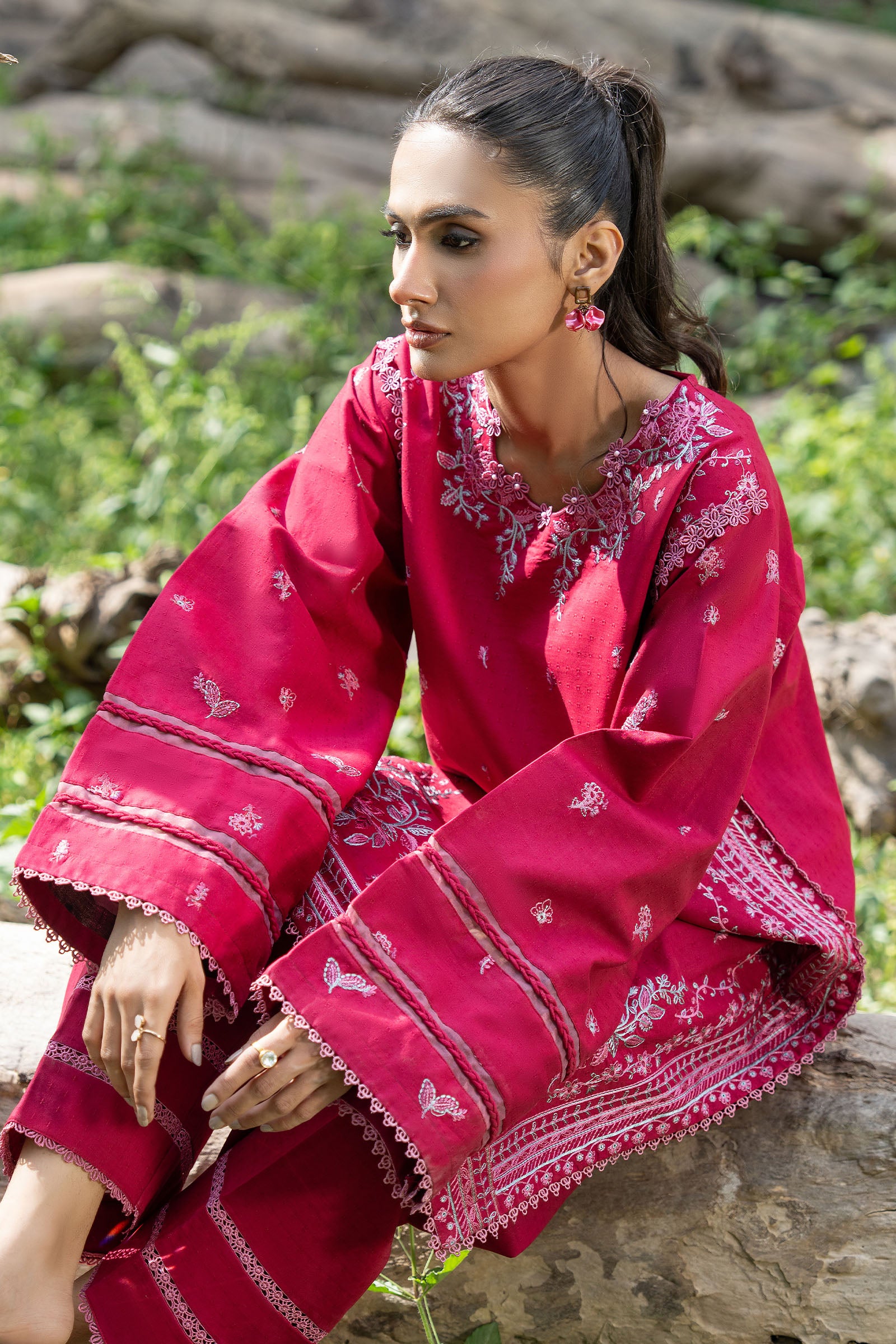 Red 2 Piece Unstitched Dyed Embroidered Lawn Secondary image