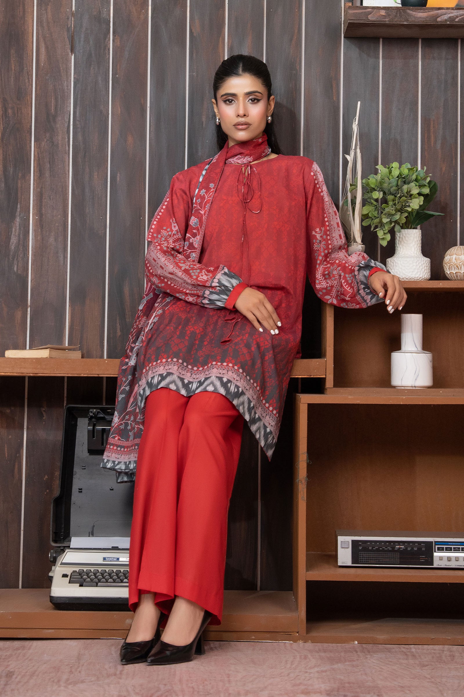 Red 3 Piece Unstitched Premium Printed Lawn Secondary image