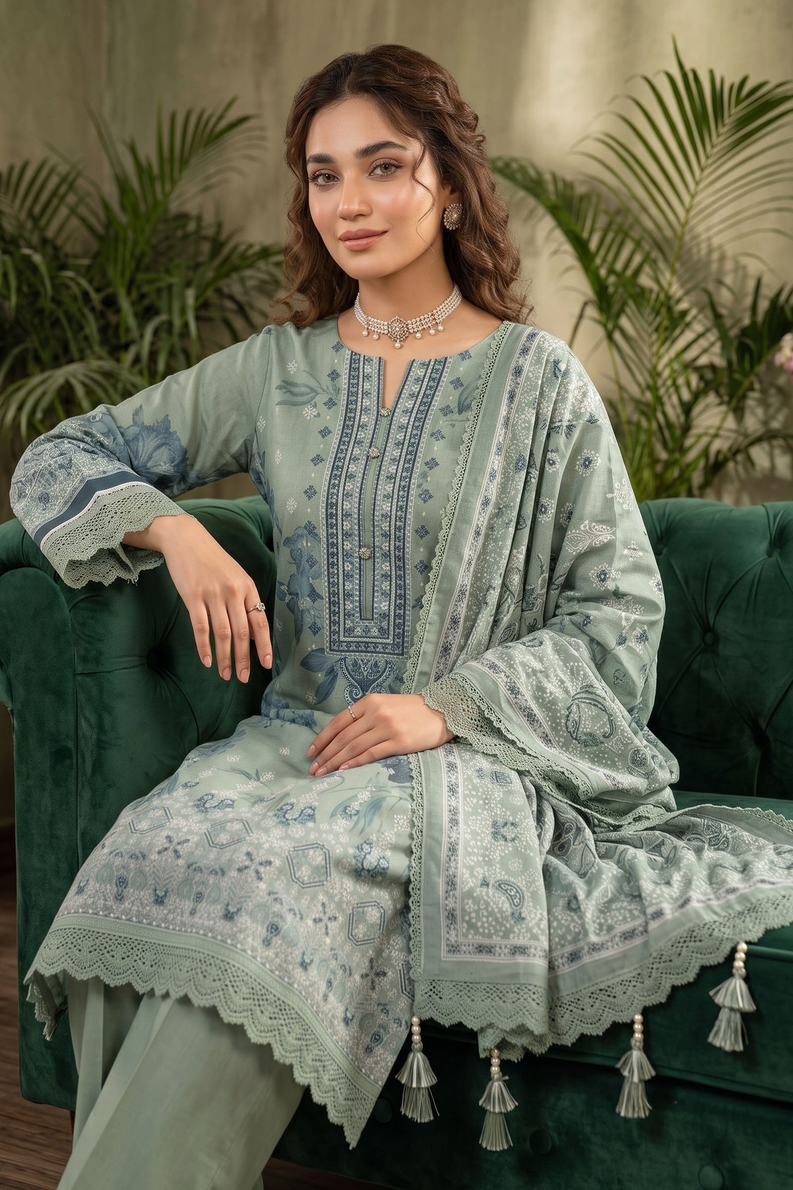 Sage Green 3 Piece Unstitched Premium Printed Lawn -SAFANOOR