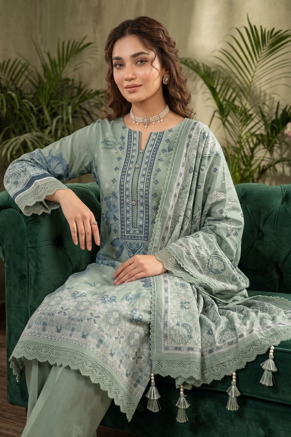 Sage Green 3 Piece Unstitched Premium Printed Lawn -SAFANOOR