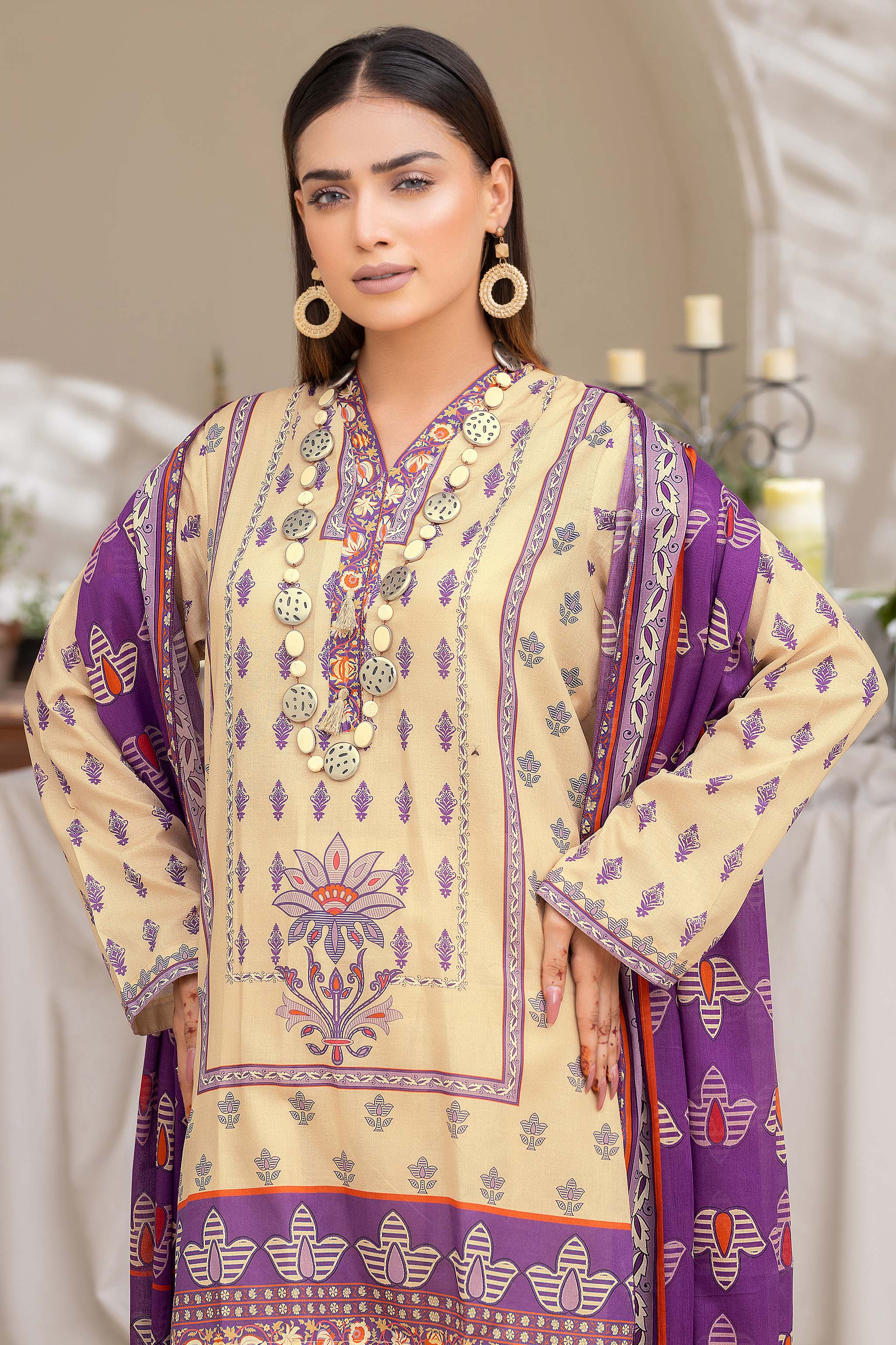 Unstitched 3 Piece Cream Printed Lawn - (Vol-74/16)3P-S-24-D-3 - SAFANOOR