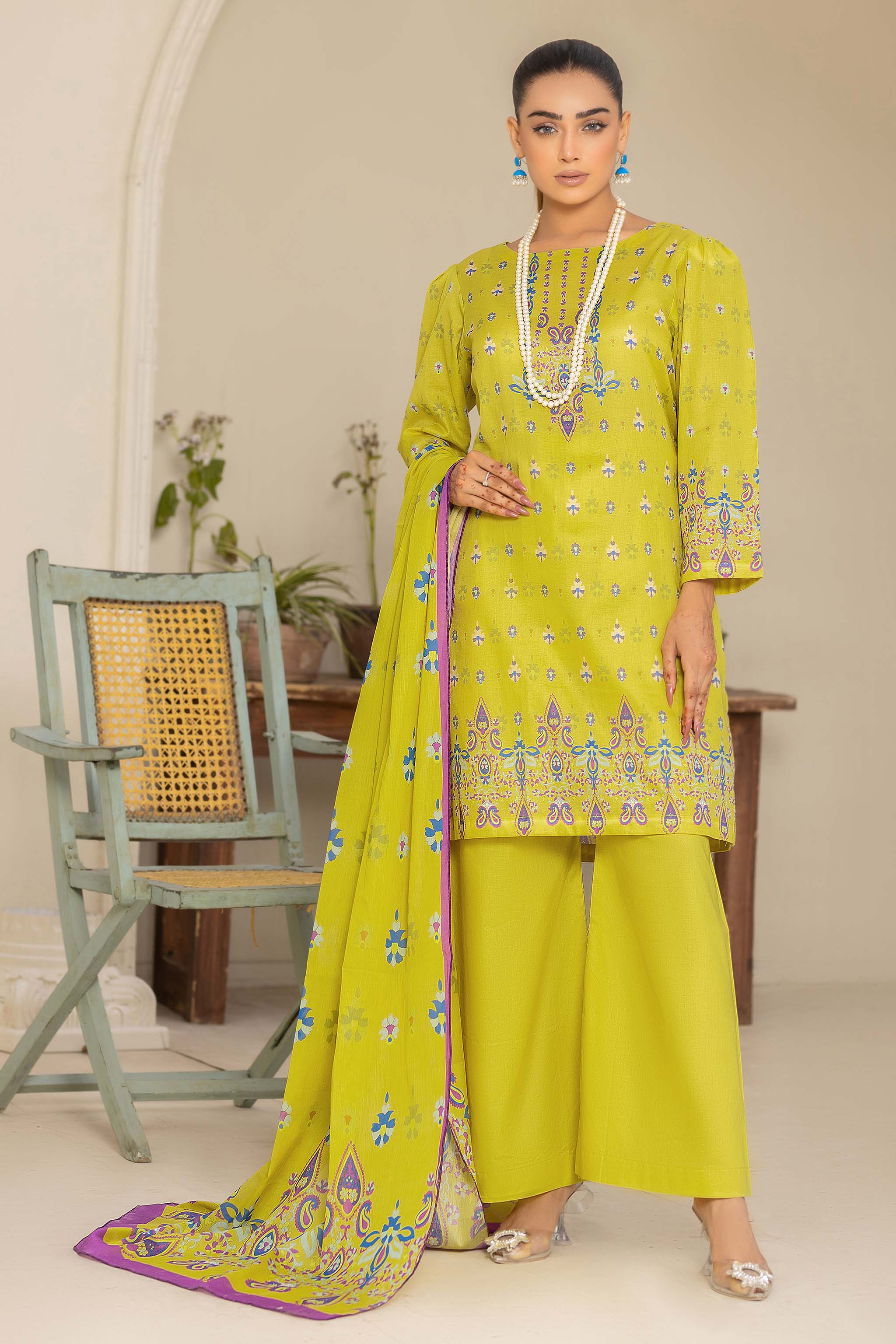 Unstitched 3 Piece Neon Yellow Printed Lawn - (Vol-74/16)3P-S-24-D-11 - SAFANOOR