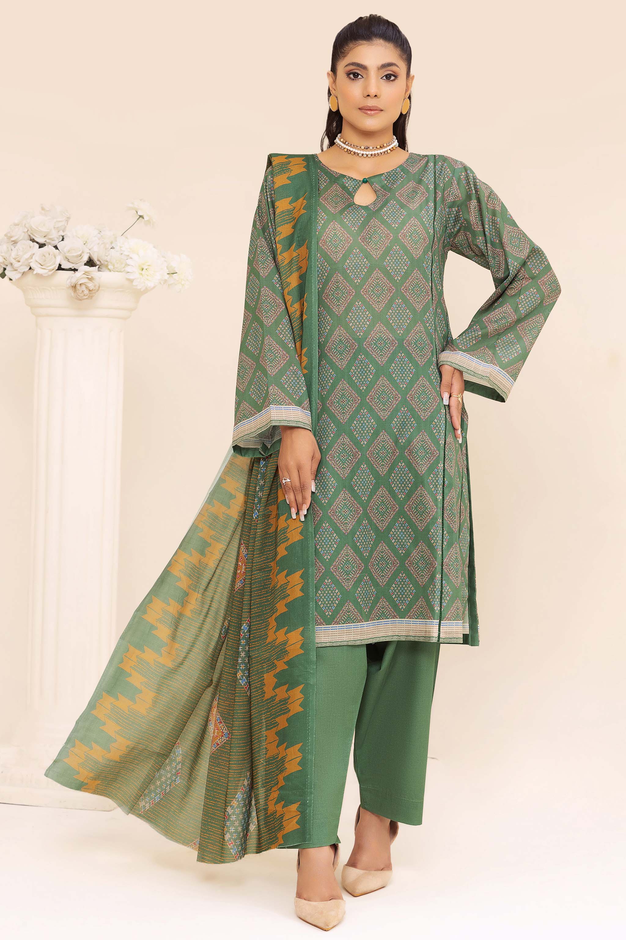 Unstitched 3 Piece Olive Green Printed Lawn - (Vol-76/18)3P-S-24-D-10 - SAFANOOR