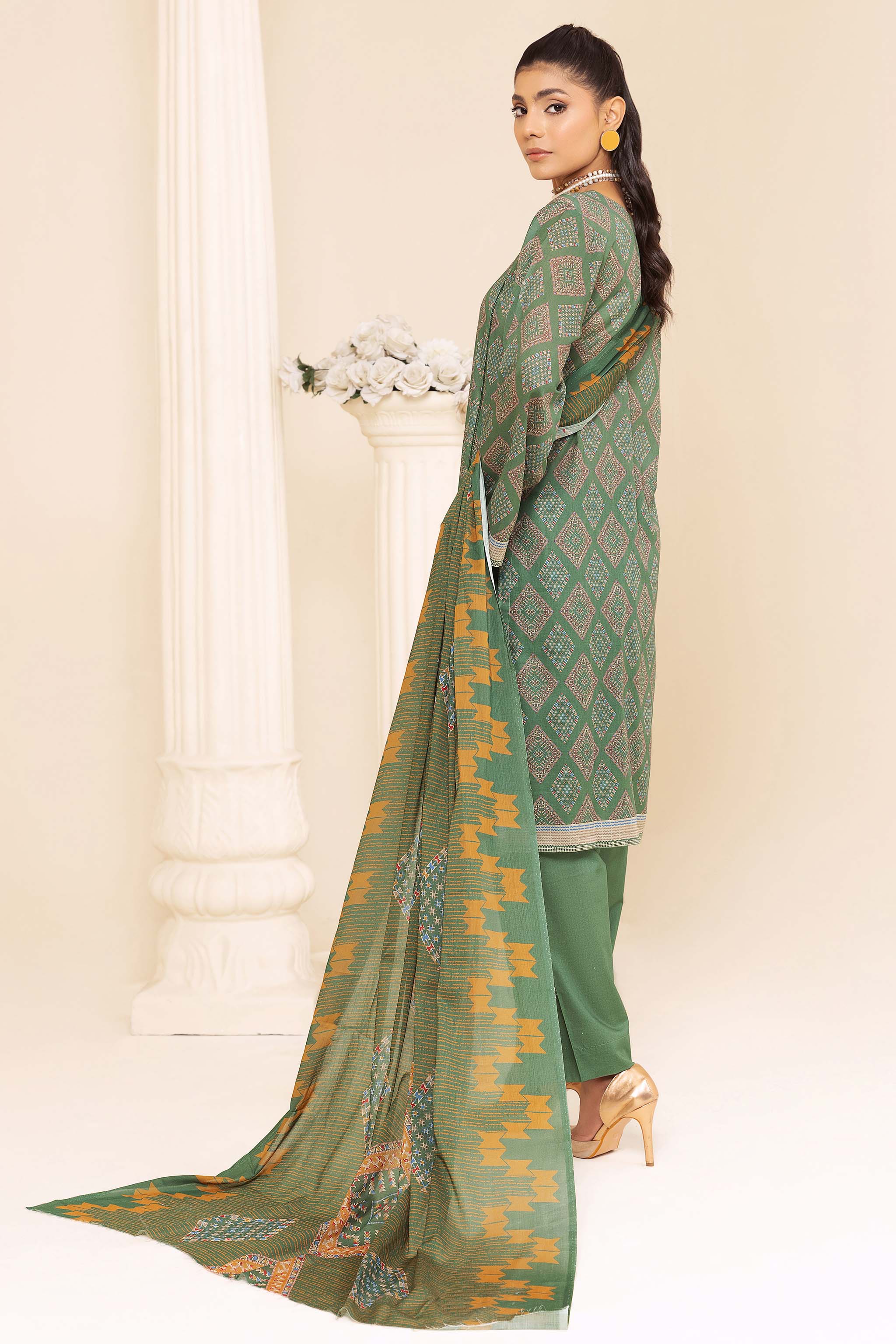 Unstitched 3 Piece Olive Green Printed Lawn - (Vol-76/18)3P-S-24-D-10 - SAFANOOR