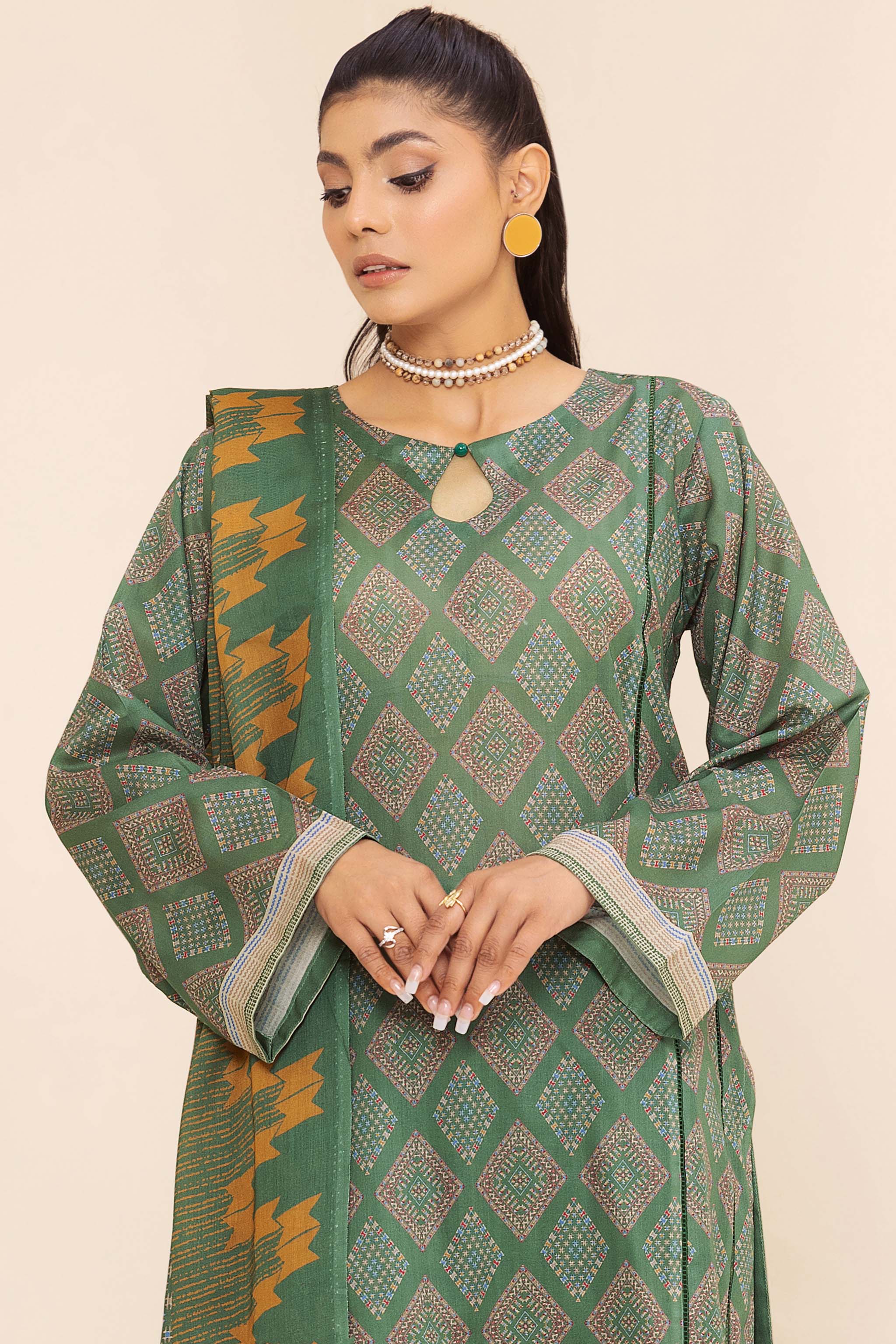 Unstitched 3 Piece Olive Green Printed Lawn - (Vol-76/18)3P-S-24-D-10 - SAFANOOR