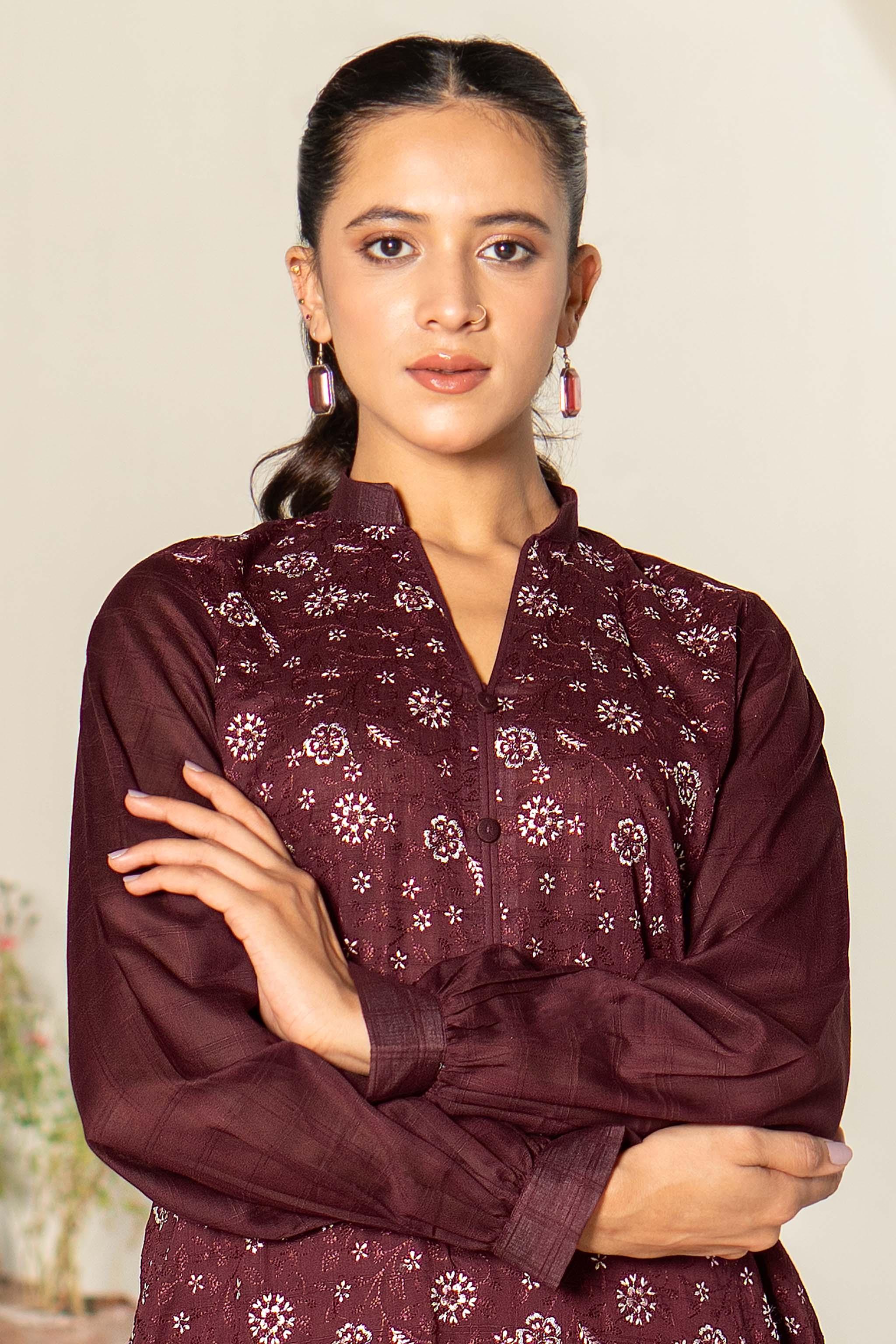 Unstitched Maroon Embroidered Lawn 2 Piece - (Vol-26/03)2P-S-24-D-6 - SAFANOOR