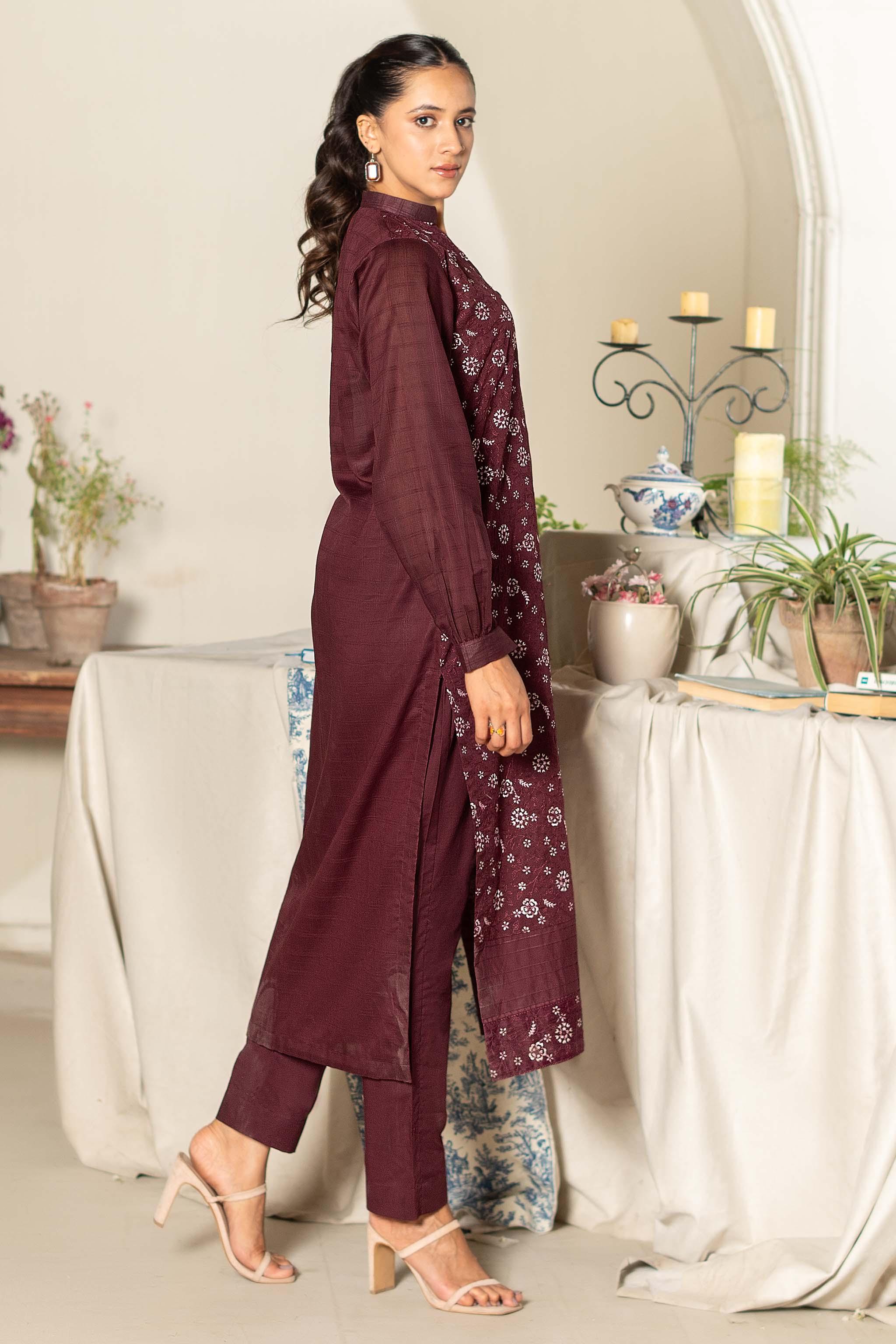 Unstitched Maroon Embroidered Lawn 2 Piece - (Vol-26/03)2P-S-24-D-6 - SAFANOOR