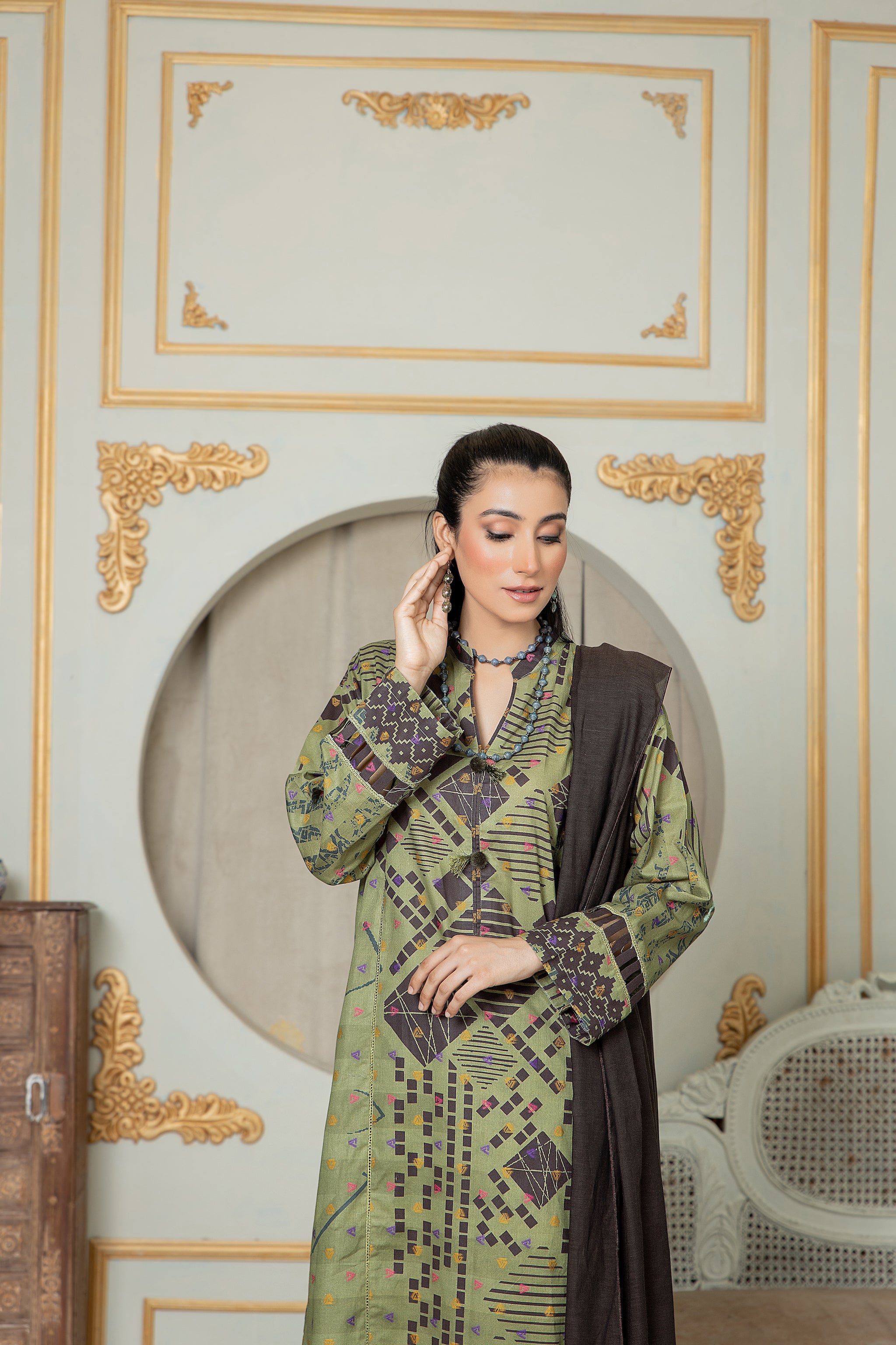 Unstitched Olive Green Jacquard Lawn 3 Piece - (Vol-68/01)3P-S-24-D-6 - SAFANOOR