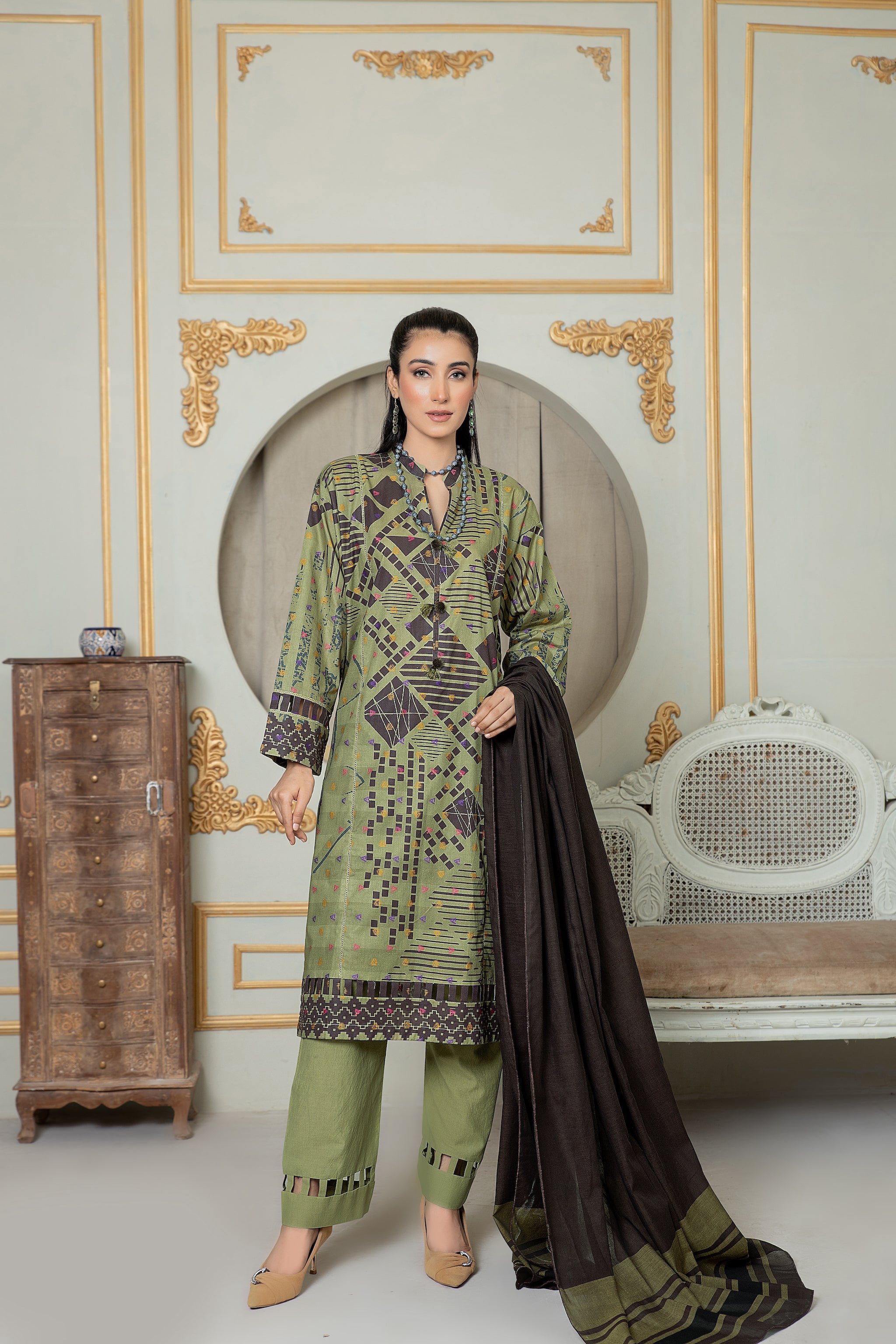 Unstitched Olive Green Jacquard Lawn 3 Piece - (Vol-68/01)3P-S-24-D-6 - SAFANOOR