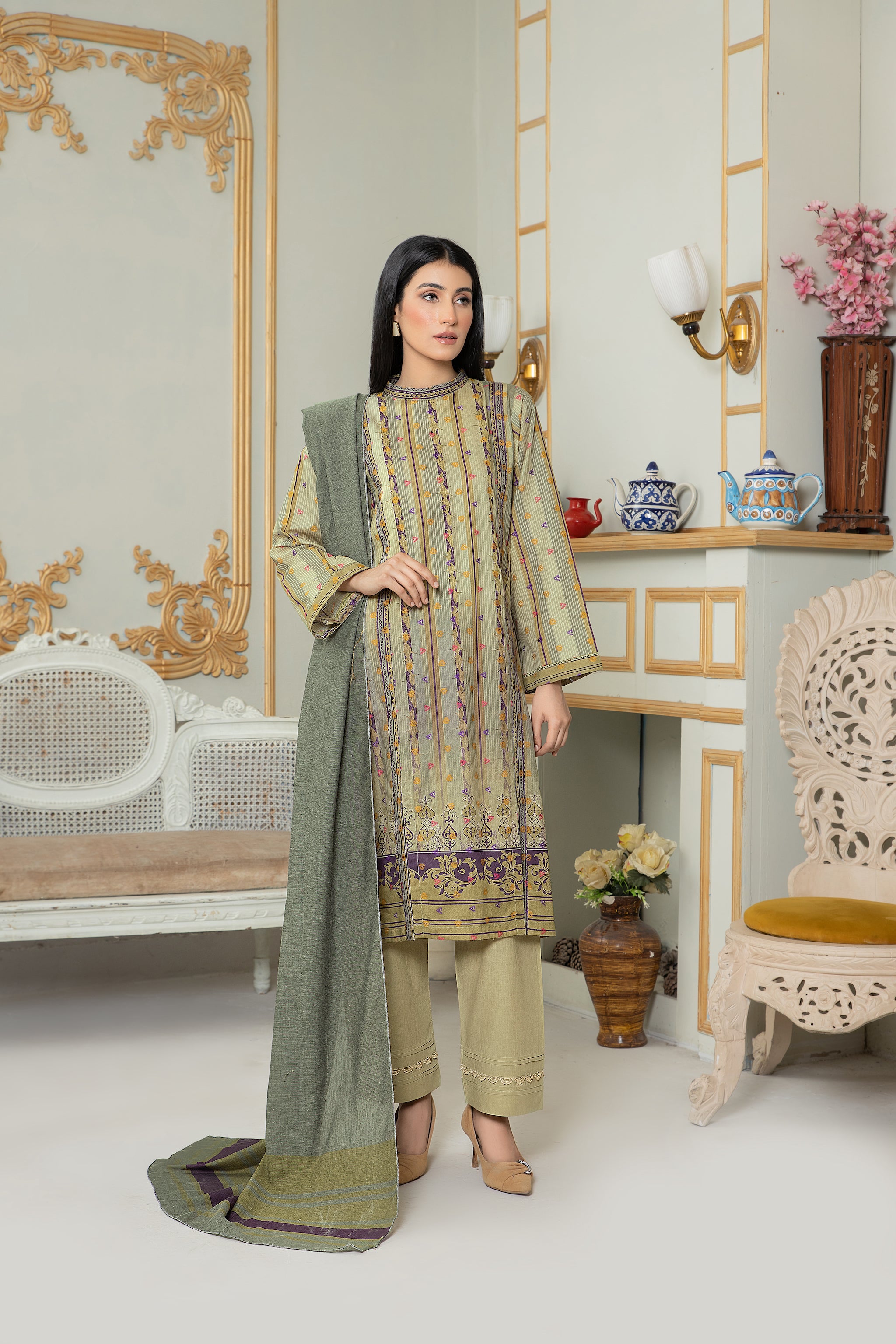 Unstitched Olive Jacquard Lawn 3 Piece - (Vol-68/01)3P-S-24-D-2 - SAFANOOR