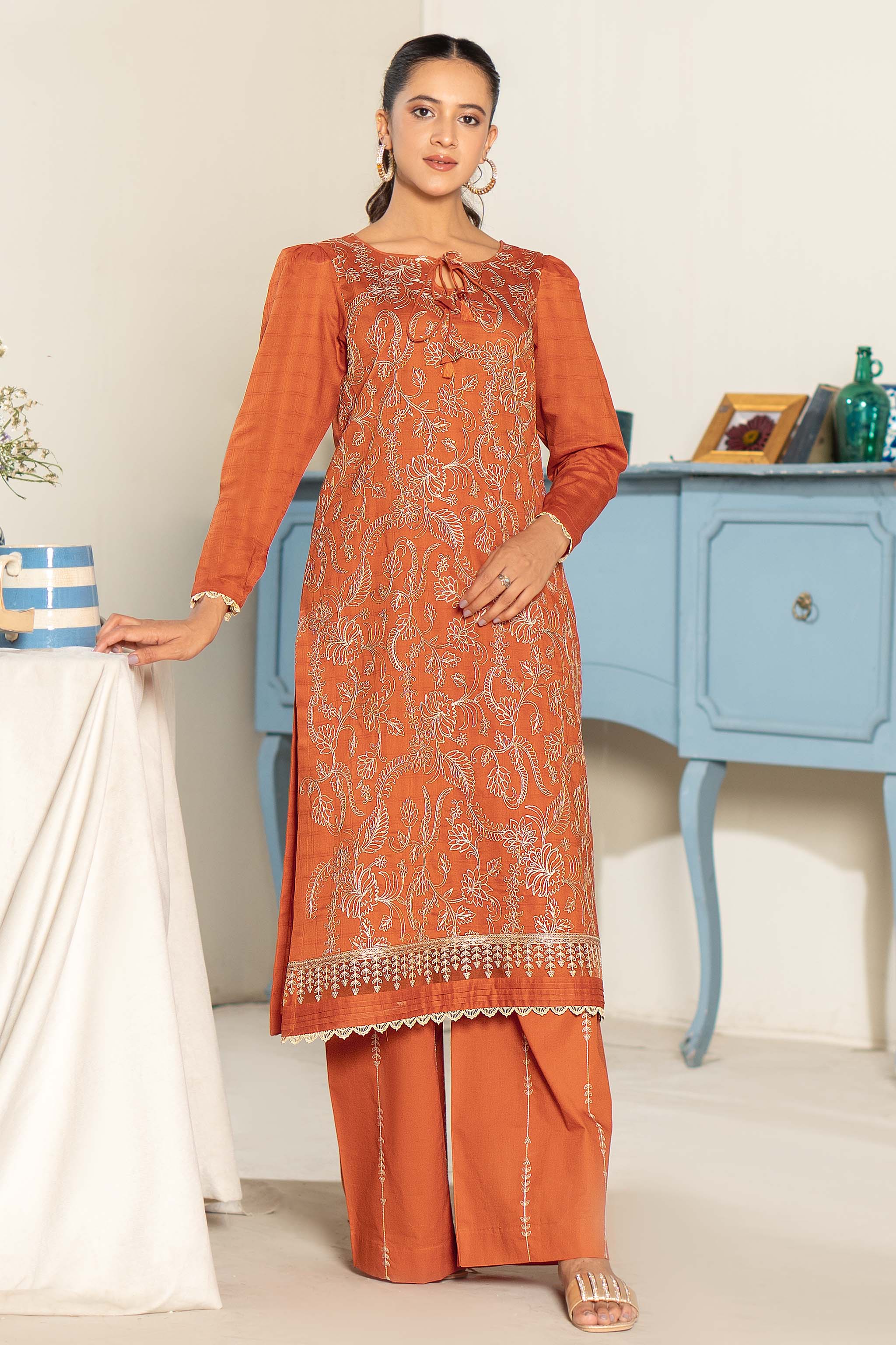 Unstitched Orange Embroidered Lawn 2 Piece - (Vol-26/03)2P-S-24-D-10 - SAFANOOR