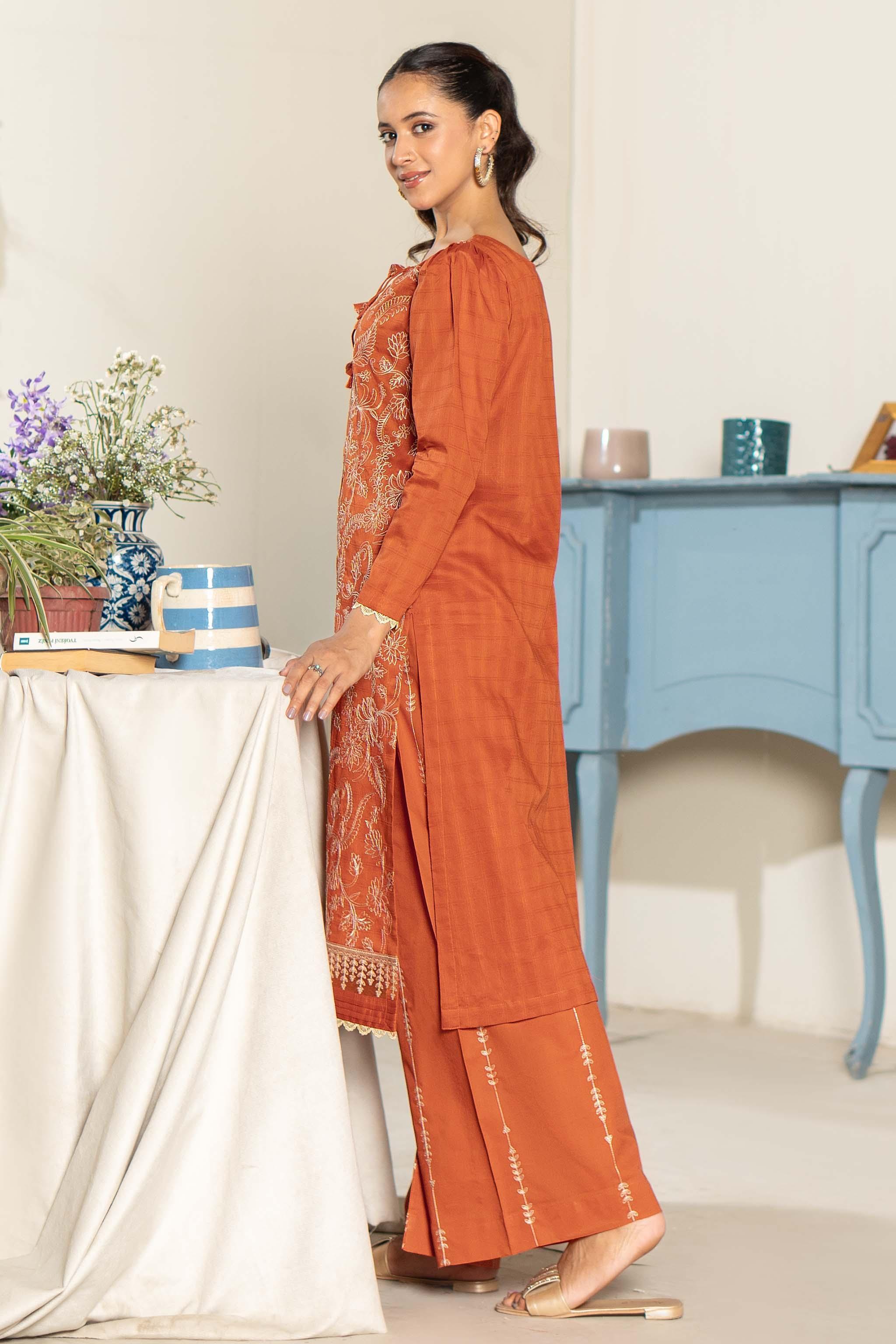 Unstitched Orange Embroidered Lawn 2 Piece - SafaNoor
