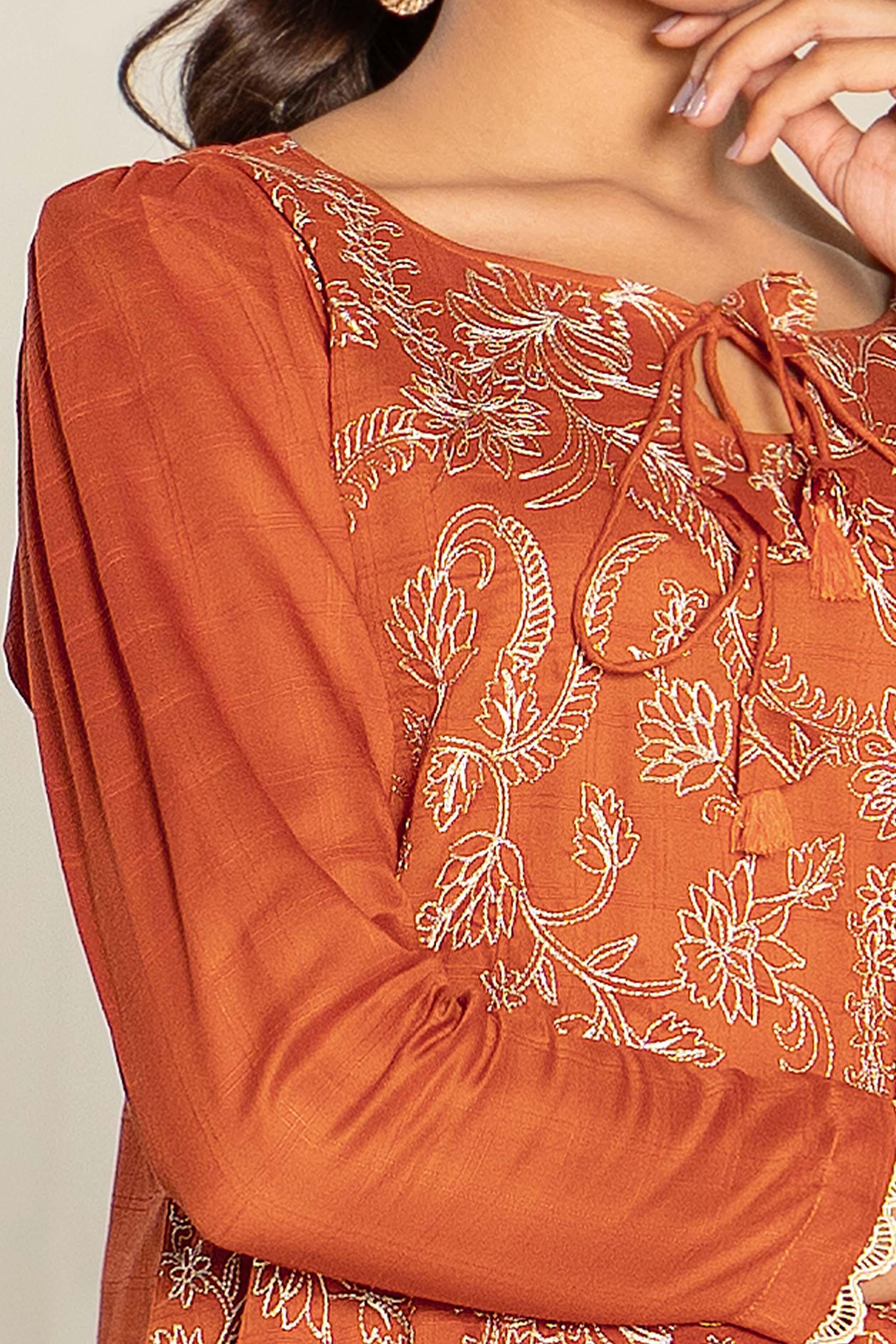 Unstitched Orange Embroidered Lawn 2 Piece - SafaNoor