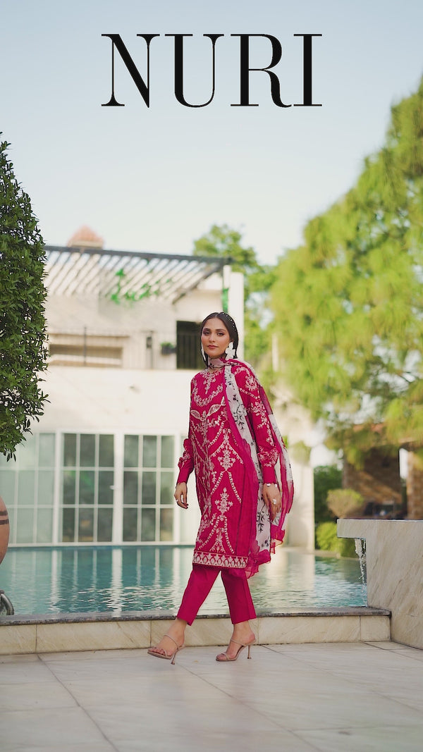 3 Piece Red Unstitched Embroidered Lawn