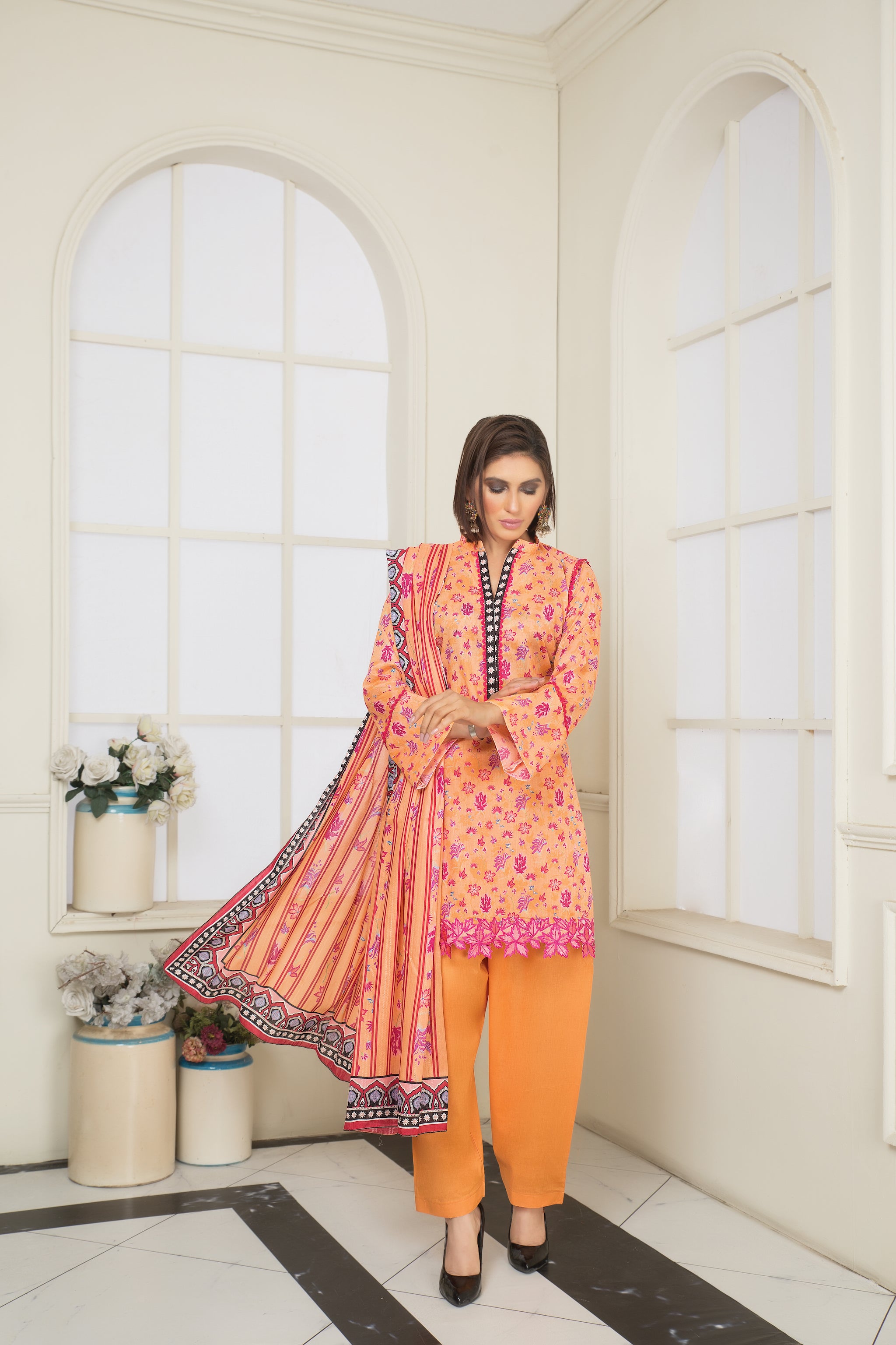 New Arrivals spring summer 23 unstitched digital print lawn shirt with embroidered patch lenu kara digital print dupptta and dyed cotton trouser 3pcs unstitched pareesa collection by safanoor