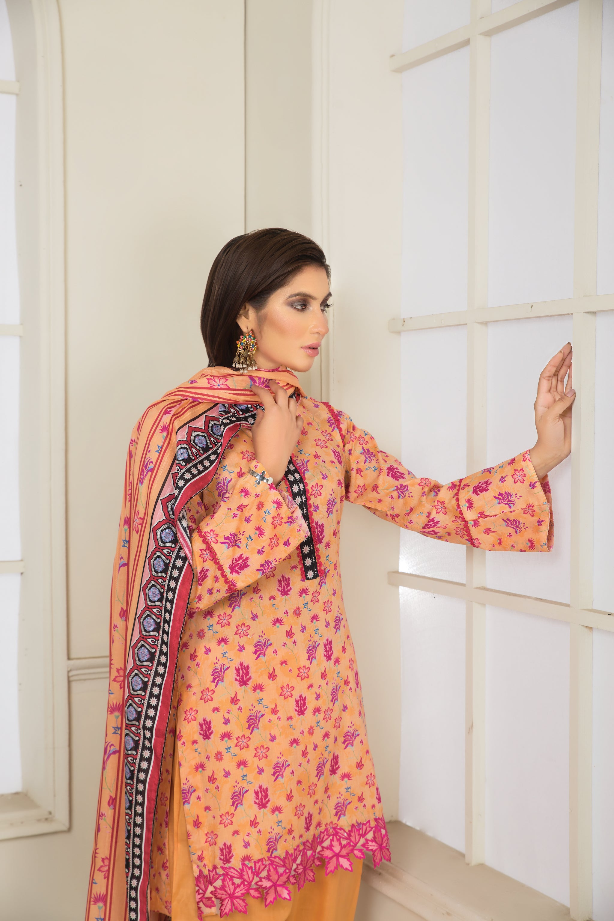 New Arrivals spring summer 23 unstitched digital print lawn shirt with embroidered patch lenu kara digital print dupptta and dyed cotton trouser 3pcs unstitched pareesa collection by safanoor