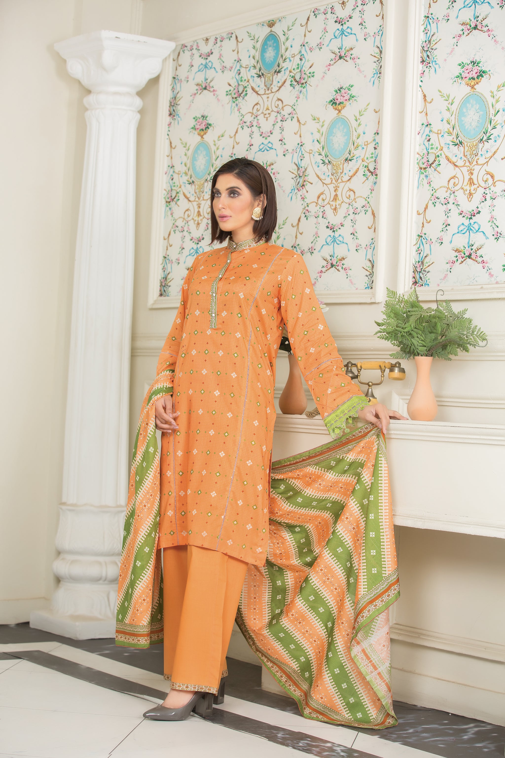 New Arrivals spring summer 23 unstitched digital print lawn shirt with embroidered patch lenu kara digital print dupptta and dyed cotton trouser 3pcs unstitched pareesa collection by safanoor