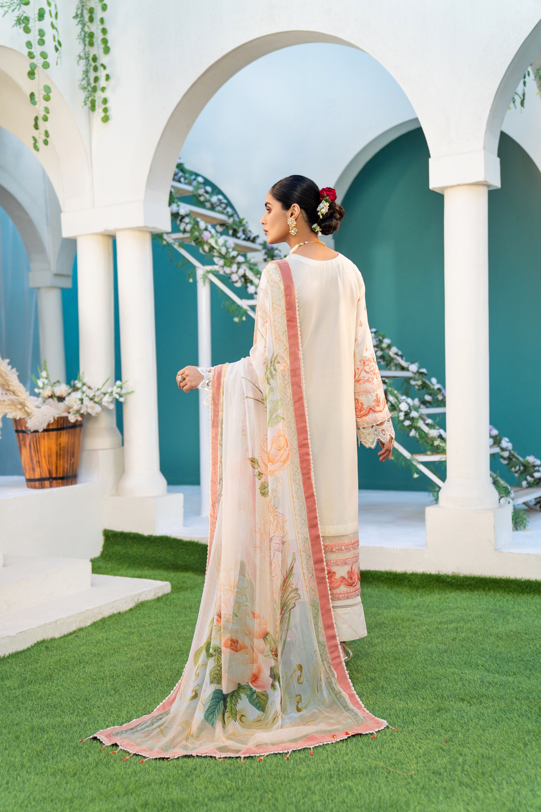 CHAMBELI Collection Summer 2023 eid collection festive Unstitched 3pcs embroidered lawn shirt with digitak printed chiffion dupatta , dyed cambric trouser by safanoor luxury lawn 