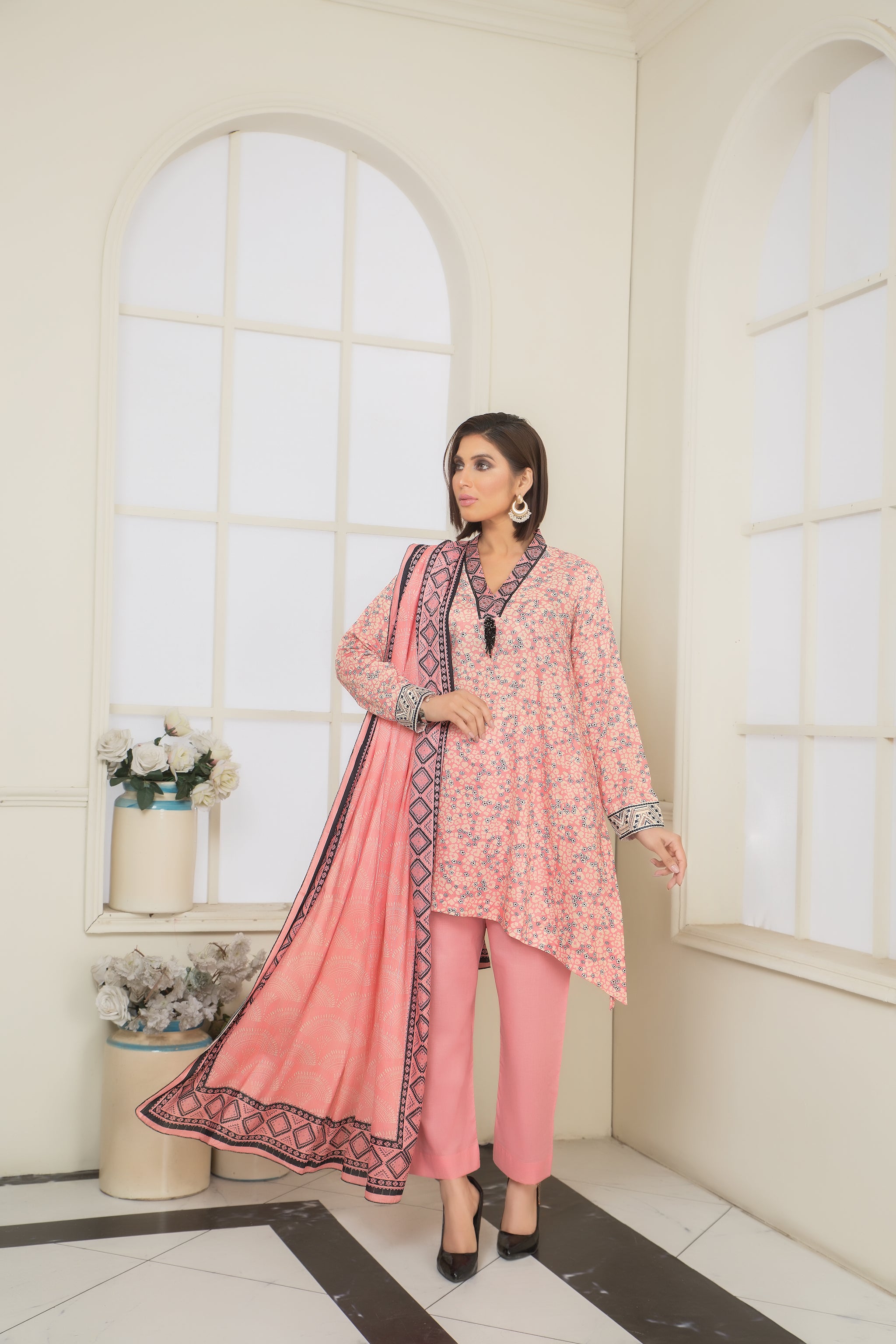 New Arrivals spring summer 23 unstitched digital print lawn shirt with embroidered patch lenu kara digital print dupptta and dyed cotton trouser 3pcs unstitched pareesa collection by safanoor
